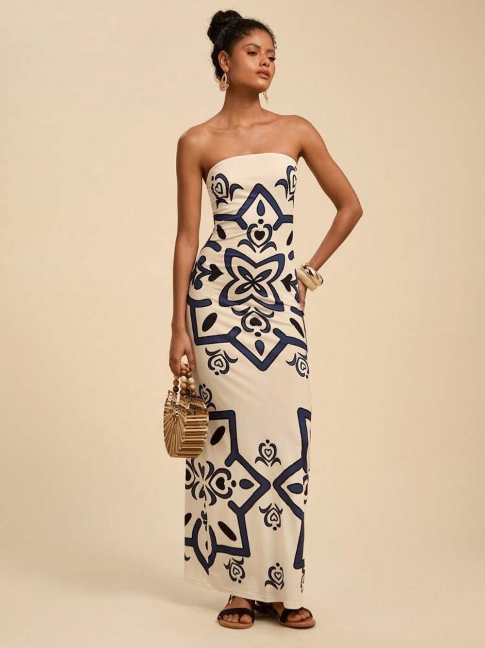 Strapless Cream Maxi Dress with Navy Tile Print